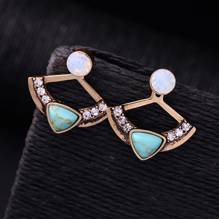 Women Chic Turquoise Rhinestone Fan Shape Front Back Ear Jacket Stud Earrings Image 2