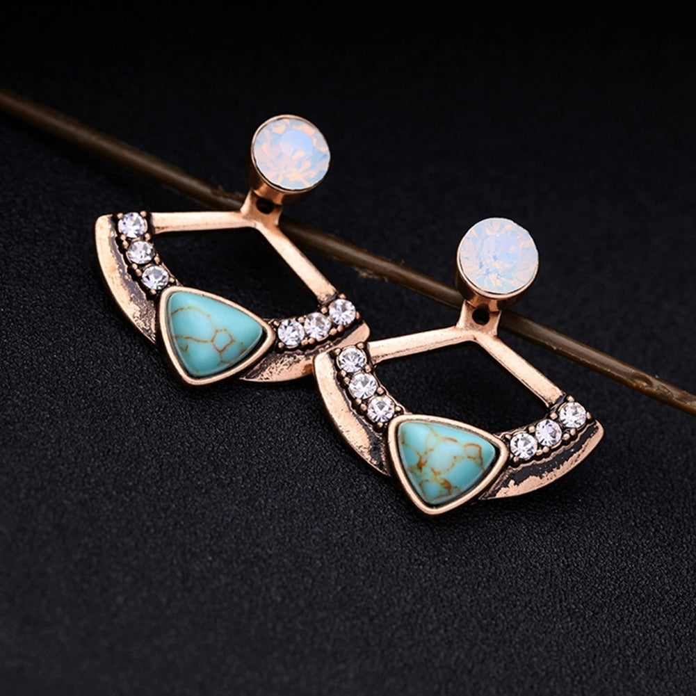 Women Chic Turquoise Rhinestone Fan Shape Front Back Ear Jacket Stud Earrings Image 3