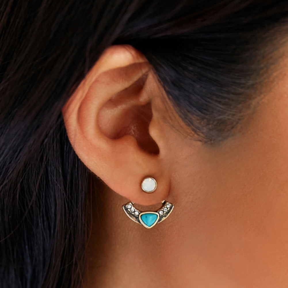 Women Chic Turquoise Rhinestone Fan Shape Front Back Ear Jacket Stud Earrings Image 6