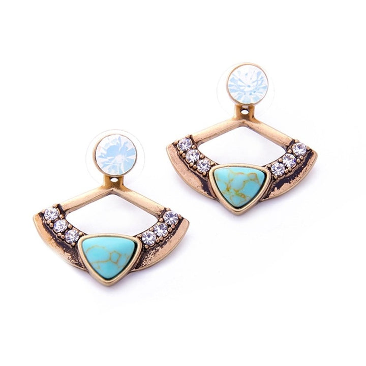 Women Chic Turquoise Rhinestone Fan Shape Front Back Ear Jacket Stud Earrings Image 9