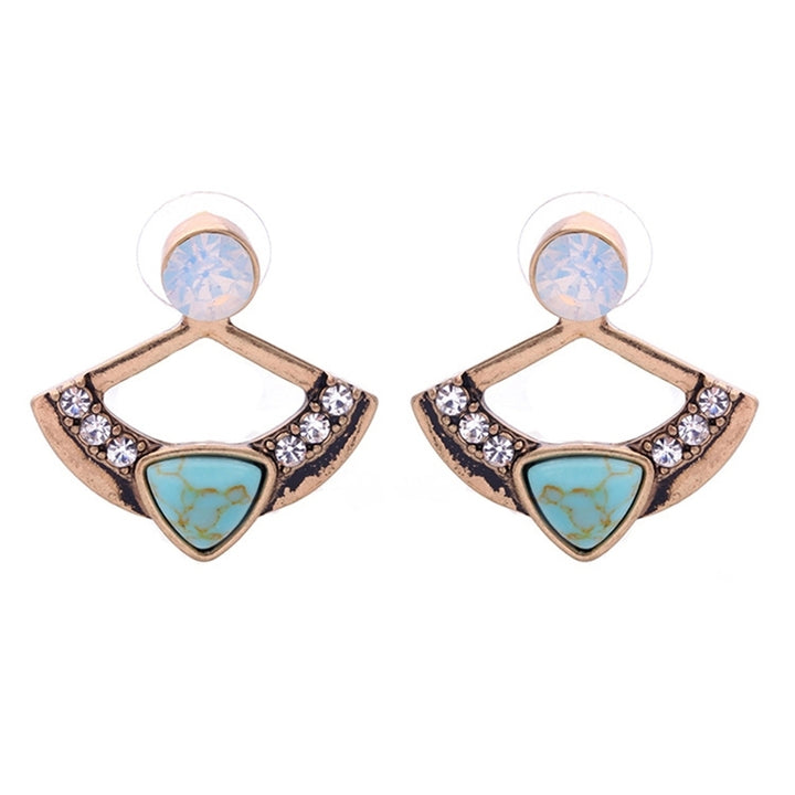 Women Chic Turquoise Rhinestone Fan Shape Front Back Ear Jacket Stud Earrings Image 10