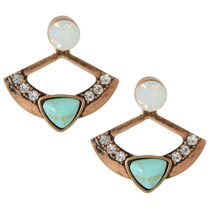 Women Chic Turquoise Rhinestone Fan Shape Front Back Ear Jacket Stud Earrings Image 12