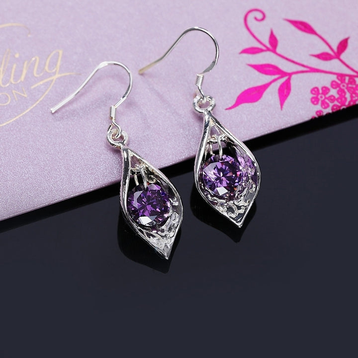 Fashion Silver Plated Purple Zircon Charm Drop Dangle Earrings Lady Jewelry Gift Image 2