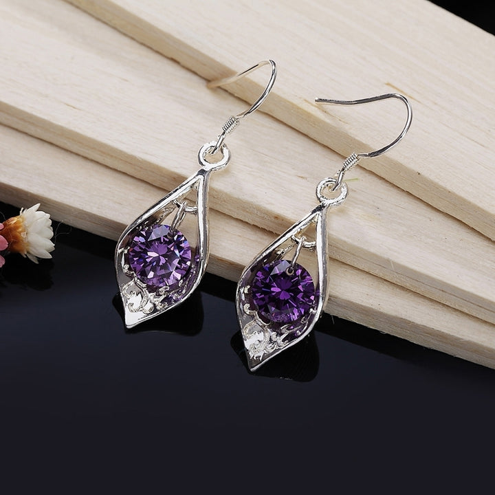 Fashion Silver Plated Purple Zircon Charm Drop Dangle Earrings Lady Jewelry Gift Image 3