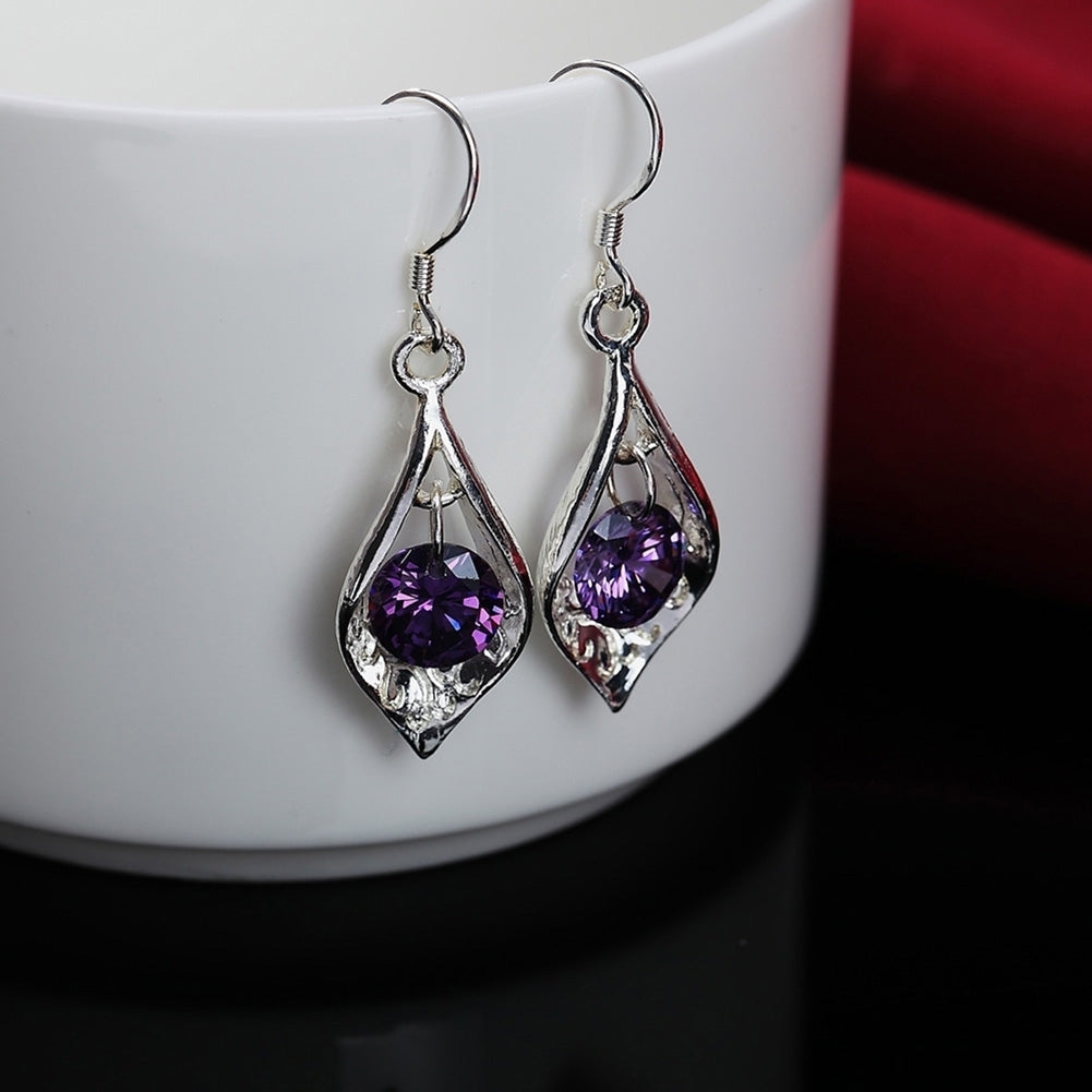 Fashion Silver Plated Purple Zircon Charm Drop Dangle Earrings Lady Jewelry Gift Image 4