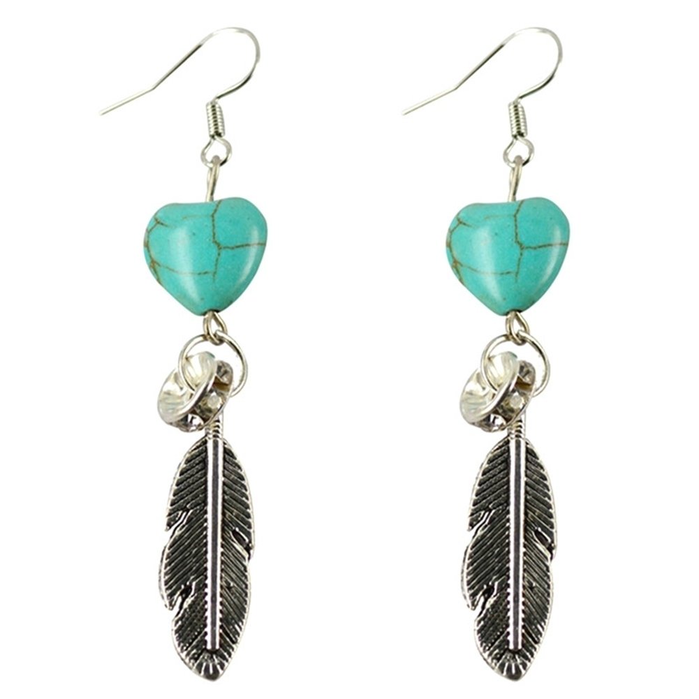 Boho Antique Women Turquoise Love Heart Carved Feather Dangle Hook Earrings Image 1