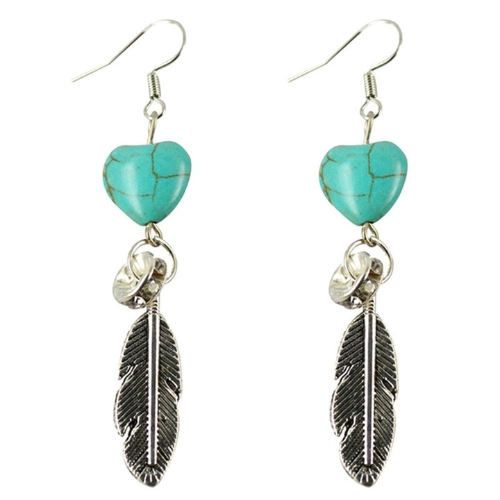 Boho Antique Women Turquoise Love Heart Carved Feather Dangle Hook Earrings Image 1