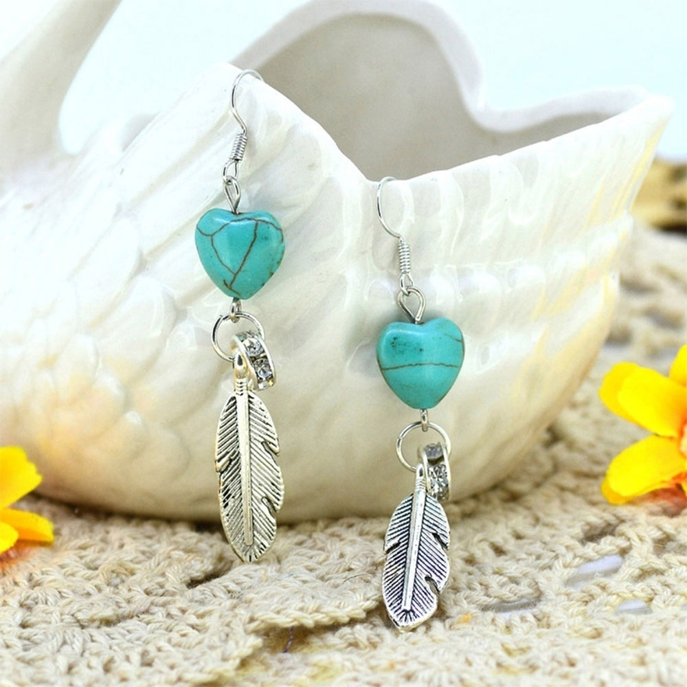 Boho Antique Women Turquoise Love Heart Carved Feather Dangle Hook Earrings Image 2