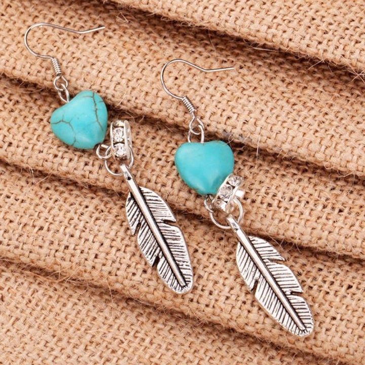 Boho Antique Women Turquoise Love Heart Carved Feather Dangle Hook Earrings Image 3