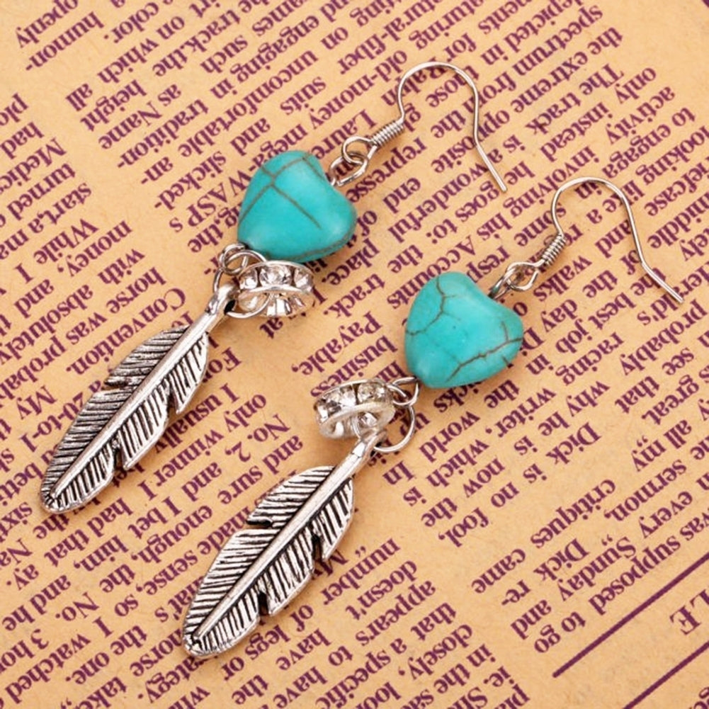 Boho Antique Women Turquoise Love Heart Carved Feather Dangle Hook Earrings Image 4