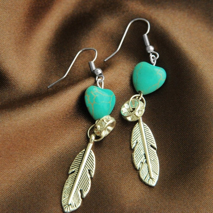 Boho Antique Women Turquoise Love Heart Carved Feather Dangle Hook Earrings Image 4