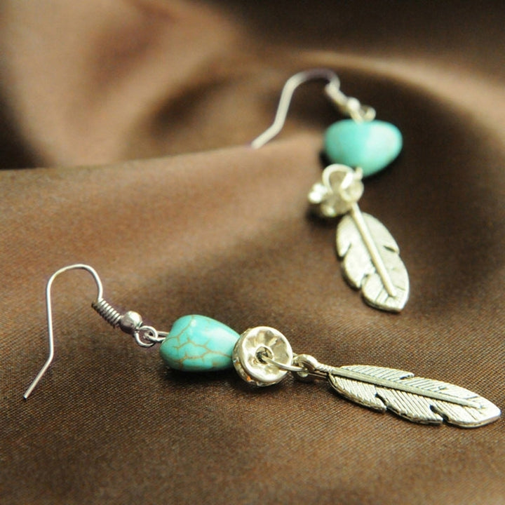 Boho Antique Women Turquoise Love Heart Carved Feather Dangle Hook Earrings Image 6