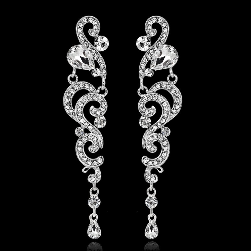 Women Stylish Rhinestones Long Dangle Earrings Wedding Bridal Party Jewelry Image 1