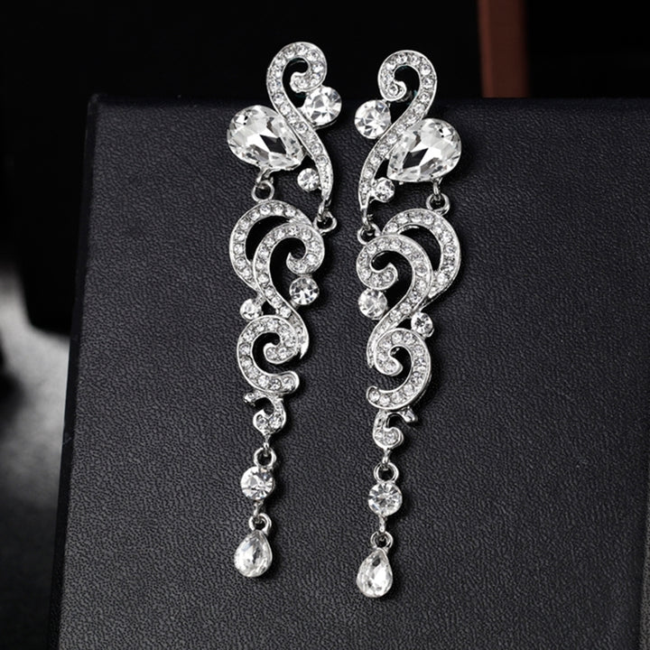 Women Stylish Rhinestones Long Dangle Earrings Wedding Bridal Party Jewelry Image 2