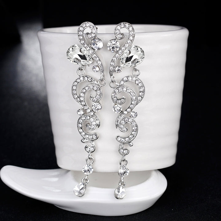 Women Stylish Rhinestones Long Dangle Earrings Wedding Bridal Party Jewelry Image 8