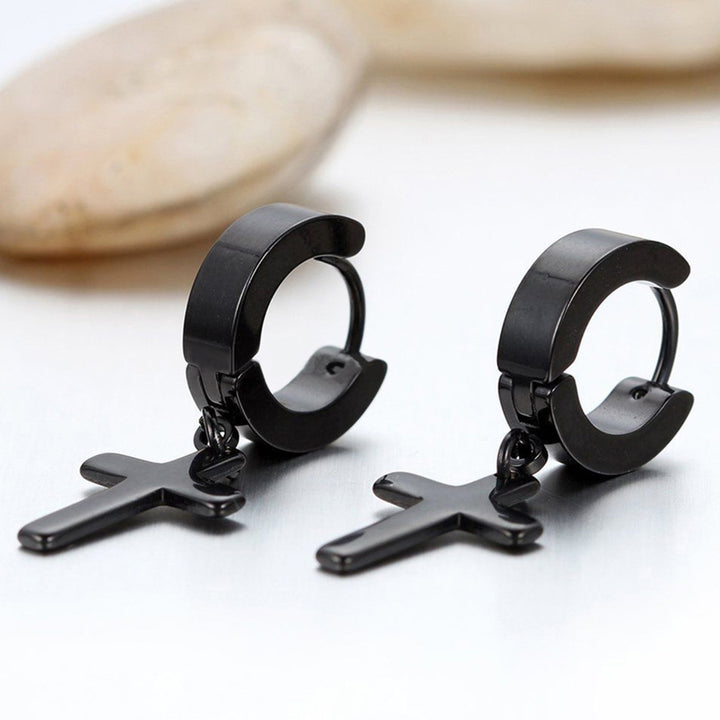 1 Pair Ear Dangle Cross Pendant Eco-friendly Stainless Steel Huggie Hinged Hoop Earrings for Men Image 1