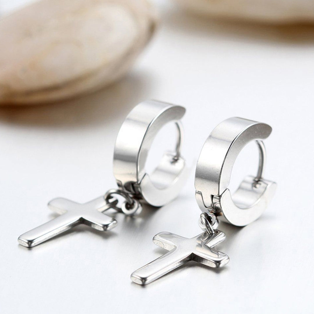 1 Pair Ear Dangle Cross Pendant Eco-friendly Stainless Steel Huggie Hinged Hoop Earrings for Men Image 3