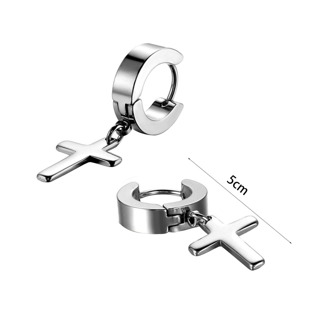 1 Pair Ear Dangle Cross Pendant Eco-friendly Stainless Steel Huggie Hinged Hoop Earrings for Men Image 4