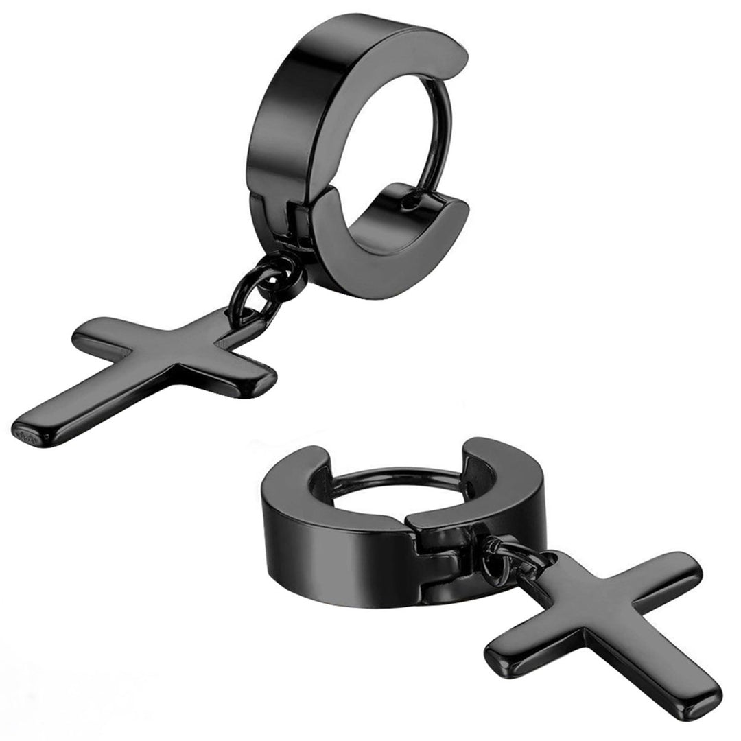 1 Pair Ear Dangle Cross Pendant Eco-friendly Stainless Steel Huggie Hinged Hoop Earrings for Men Image 8