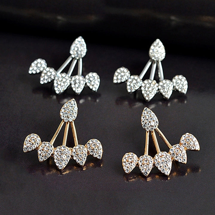 Women Chic Waterdrop Rhinestone Front Back Ear Jacket Piercing Stud Earrings Image 1