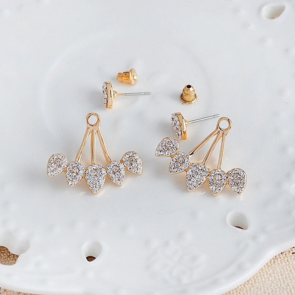 Women Chic Waterdrop Rhinestone Front Back Ear Jacket Piercing Stud Earrings Image 8