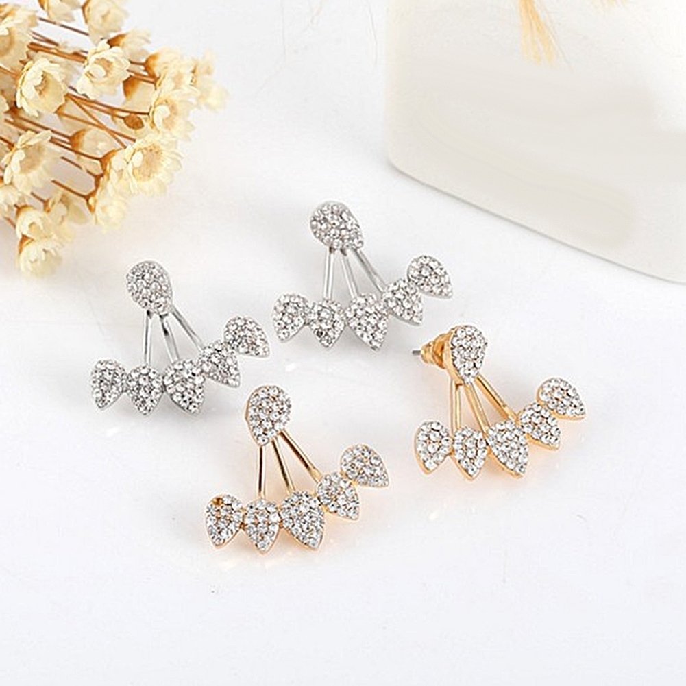 Women Chic Waterdrop Rhinestone Front Back Ear Jacket Piercing Stud Earrings Image 11