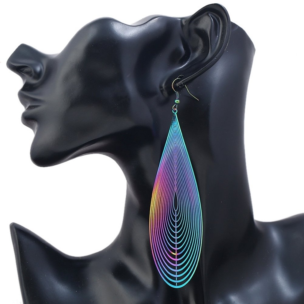 Fashion Women Rainbow Stainless Steel Hollow Waterdrop Ear Drop Hook Earrings Image 1