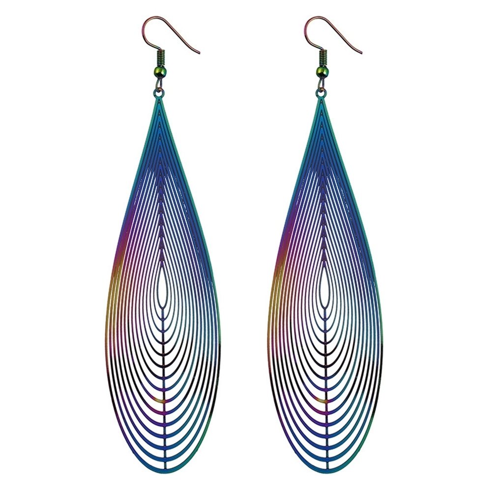 Fashion Women Rainbow Stainless Steel Hollow Waterdrop Ear Drop Hook Earrings Image 7