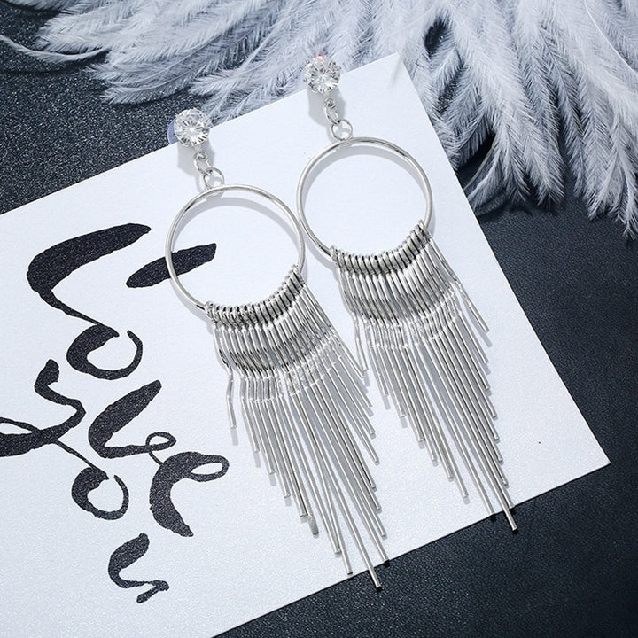 Fashion Women Zircon Tassel Anti Allergy Metal Long Earrings Statement Jewelry Image 4