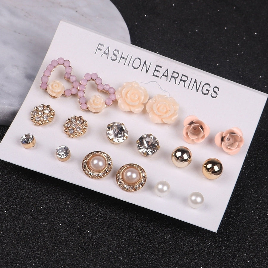 9Pairs Women Fashion Jewelry Shiny Rhinestone Faux Pearl Stud Earrings Gift Image 1