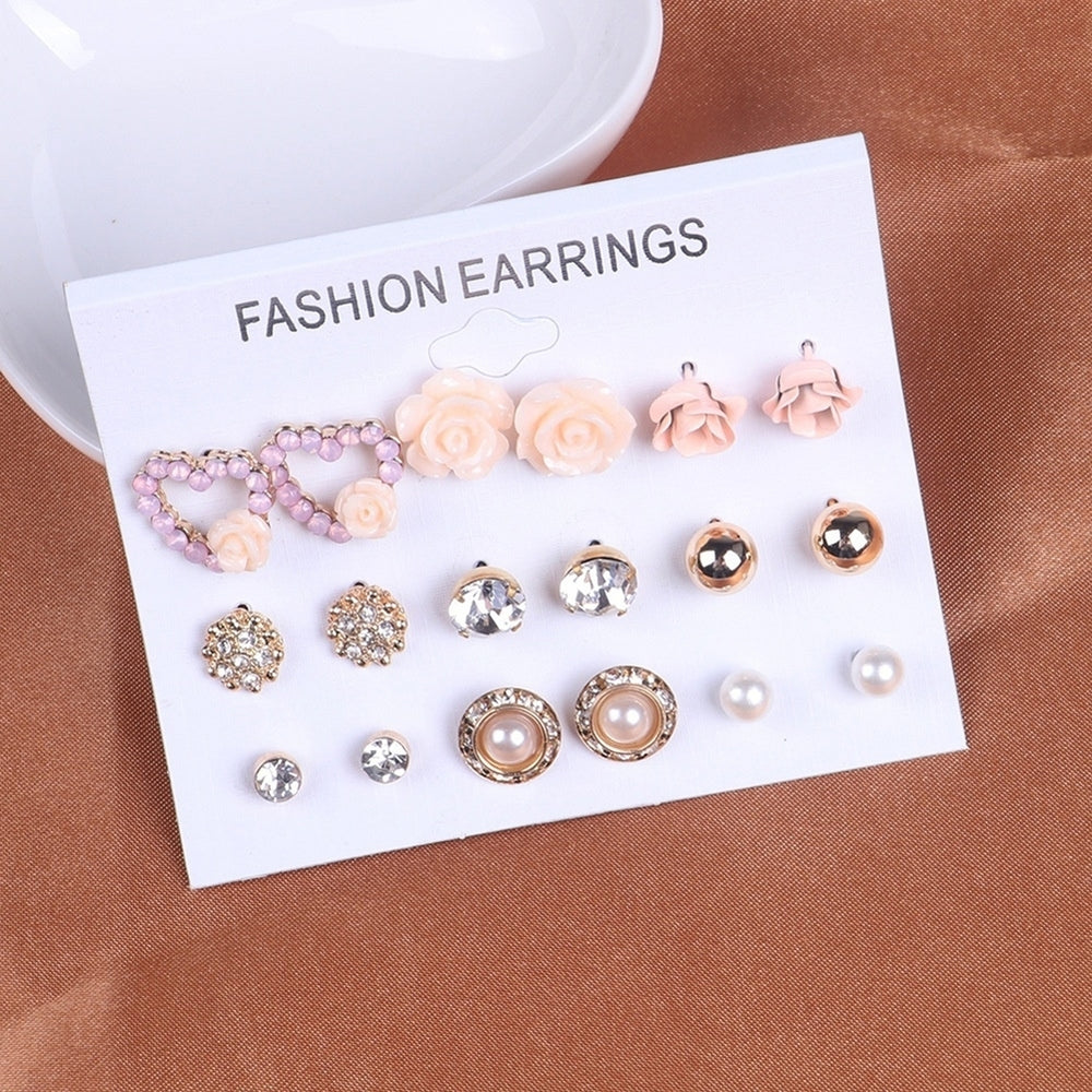 9Pairs Women Fashion Jewelry Shiny Rhinestone Faux Pearl Stud Earrings Gift Image 2