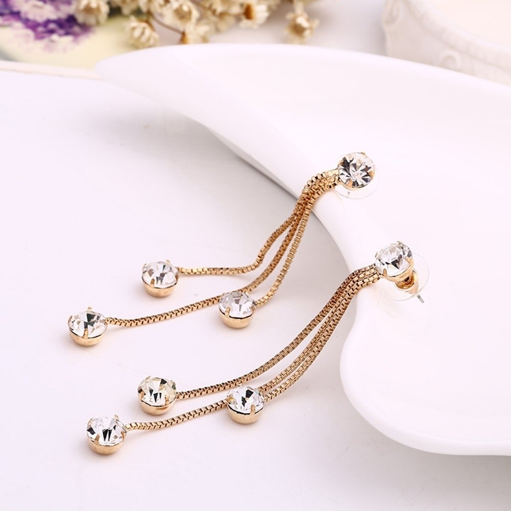 Fashion Jewelry Shiny Rhinestone Long Chain Dangle Stud Linear Earrings Gift Image 3