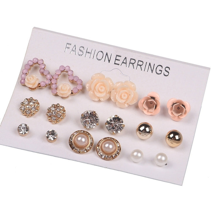 9Pairs Women Fashion Jewelry Shiny Rhinestone Faux Pearl Stud Earrings Gift Image 4