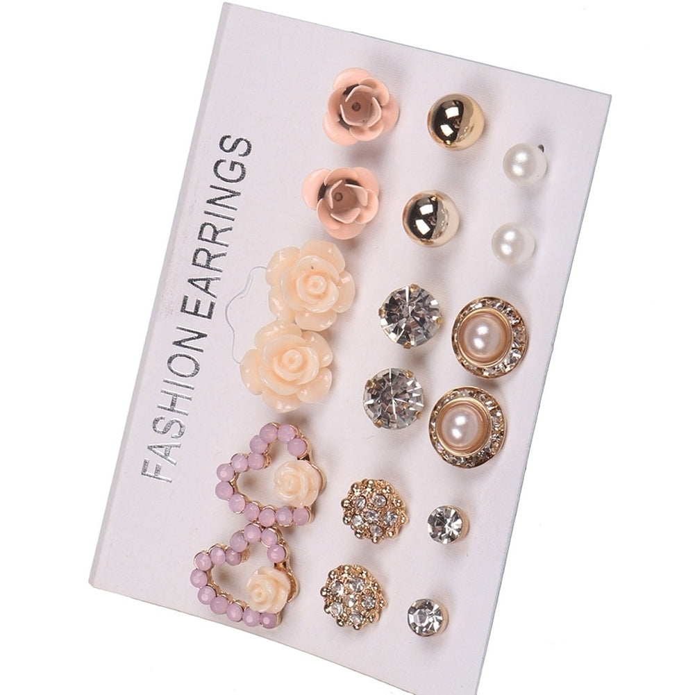 9Pairs Women Fashion Jewelry Shiny Rhinestone Faux Pearl Stud Earrings Gift Image 4
