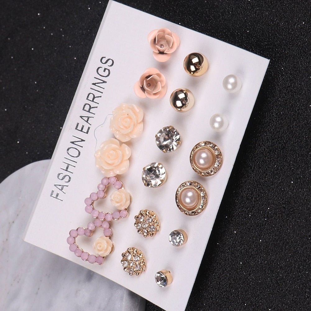 9Pairs Women Fashion Jewelry Shiny Rhinestone Faux Pearl Stud Earrings Gift Image 6