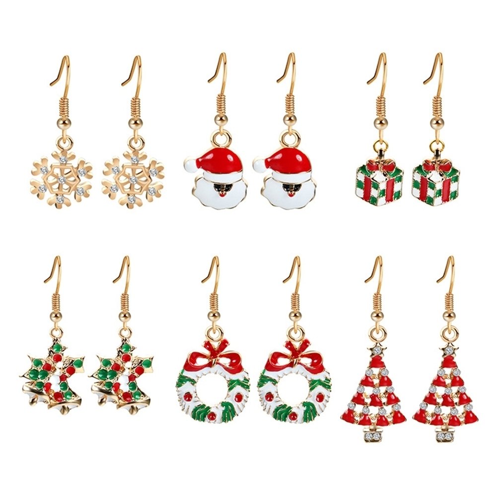 6 Pairs Santa Claus Snowflake Jingle Bell Ear Hook Women Earrings Xmas Jewelry Image 8