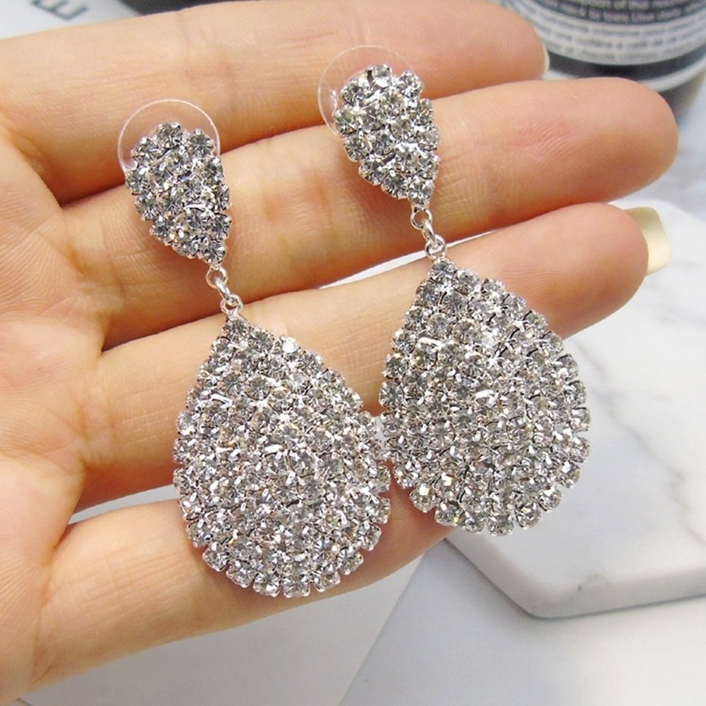 Women Fashion Rhinestone Waterdrop Dangle Stud Earrings Wedding Party Jewelry Image 2