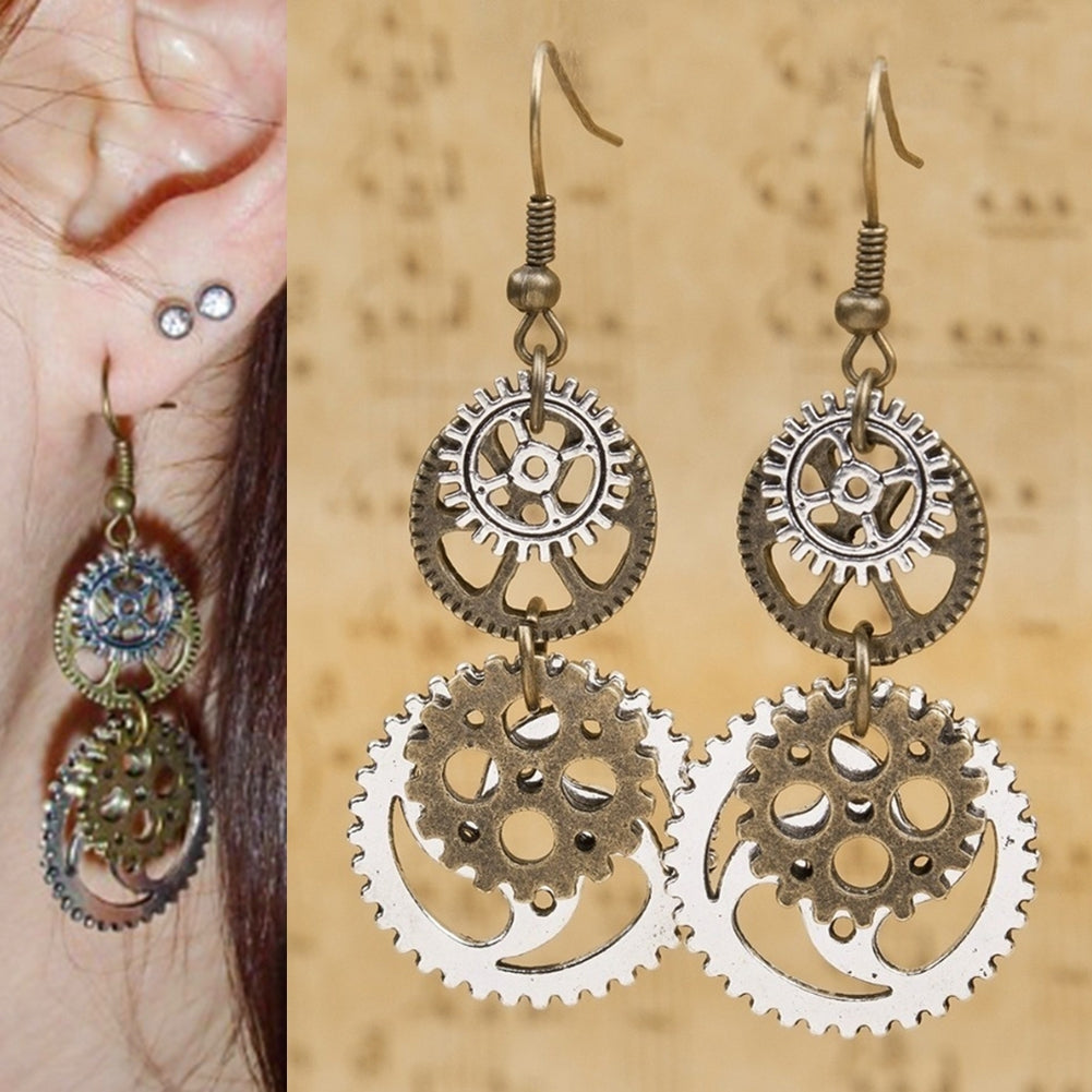 Steampunk Antique Women Gear Pendant Dangle Long Hook Earrings Club Jewelry Image 4