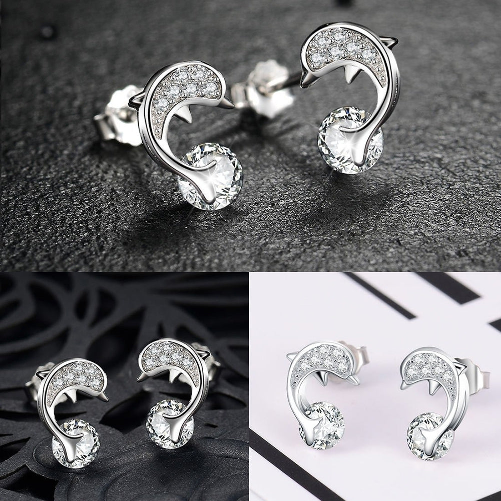 Fashion Women Lady Elegant Dolphin Ear Stud Earrings Gift Jewelry Rhinestone Image 3