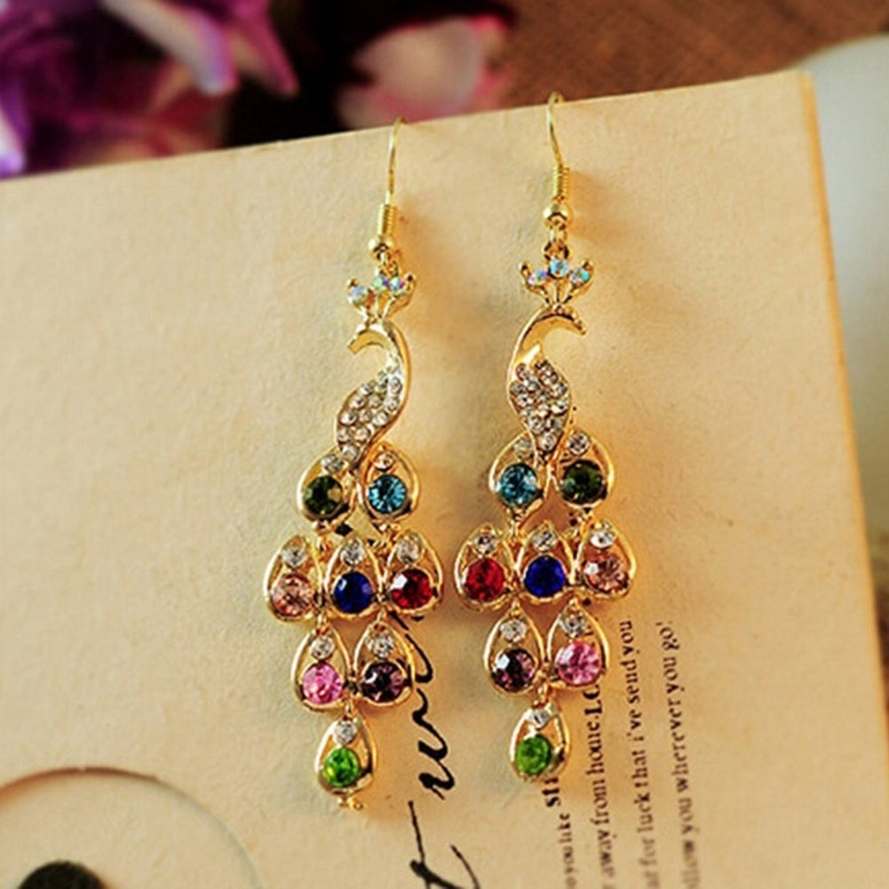 Women Bohemian Retro Peacock Eardrop Pendant Rhinestone Big Dangle Drop Earrings Image 1