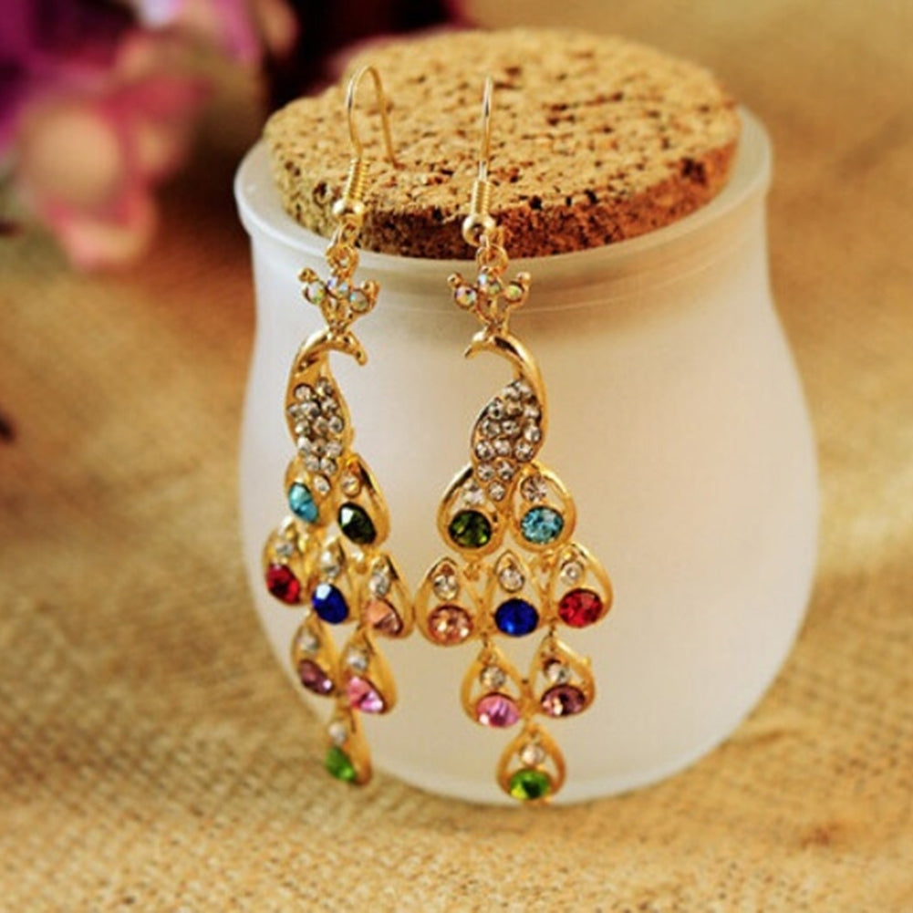 Women Bohemian Retro Peacock Eardrop Pendant Rhinestone Big Dangle Drop Earrings Image 2