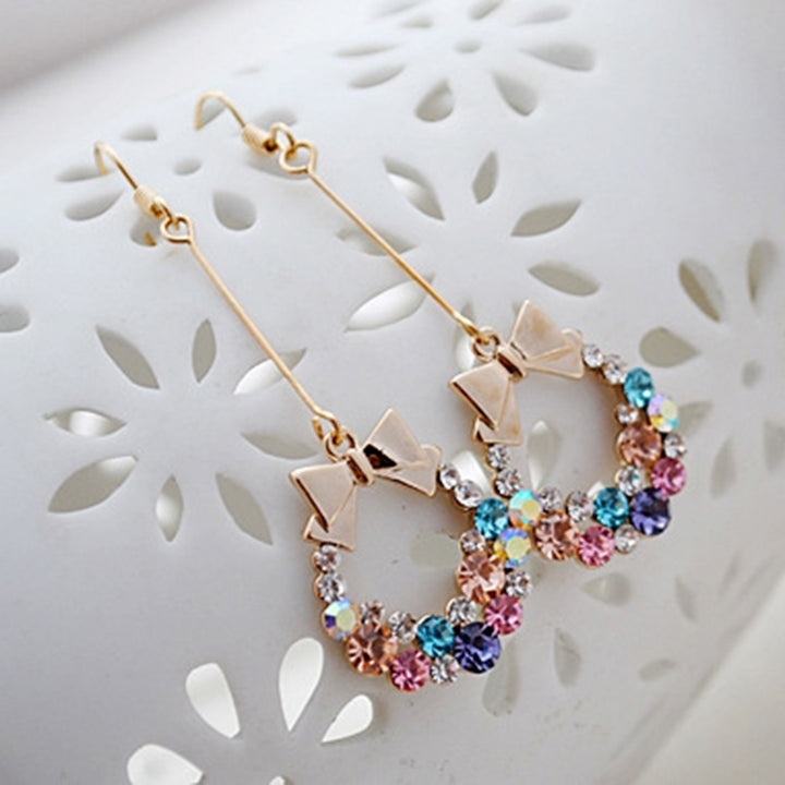 Multi-color Bowknot Jewelry Rhinestone Eardrop Long Drop Dangle Tassel Hook Earrings Image 2