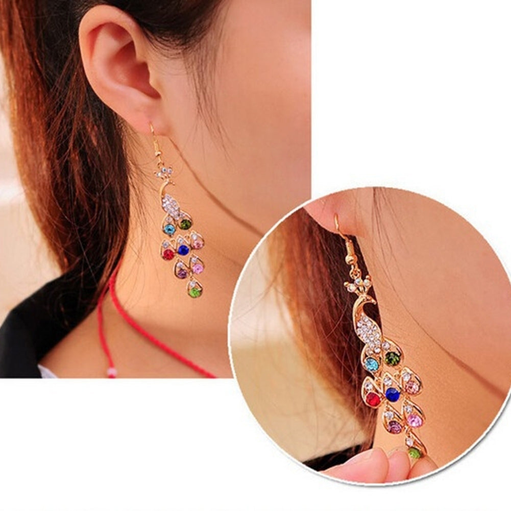 Women Bohemian Retro Peacock Eardrop Pendant Rhinestone Big Dangle Drop Earrings Image 4