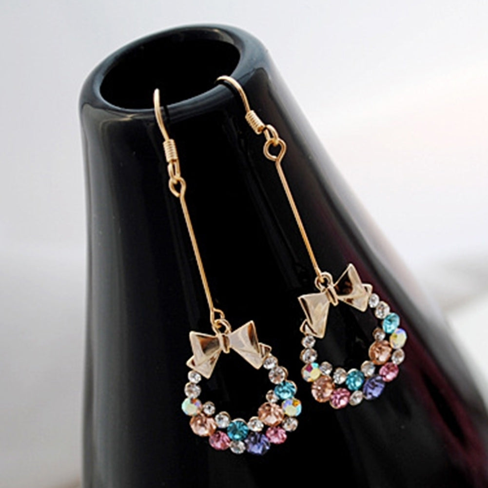 Multi-color Bowknot Jewelry Rhinestone Eardrop Long Drop Dangle Tassel Hook Earrings Image 4