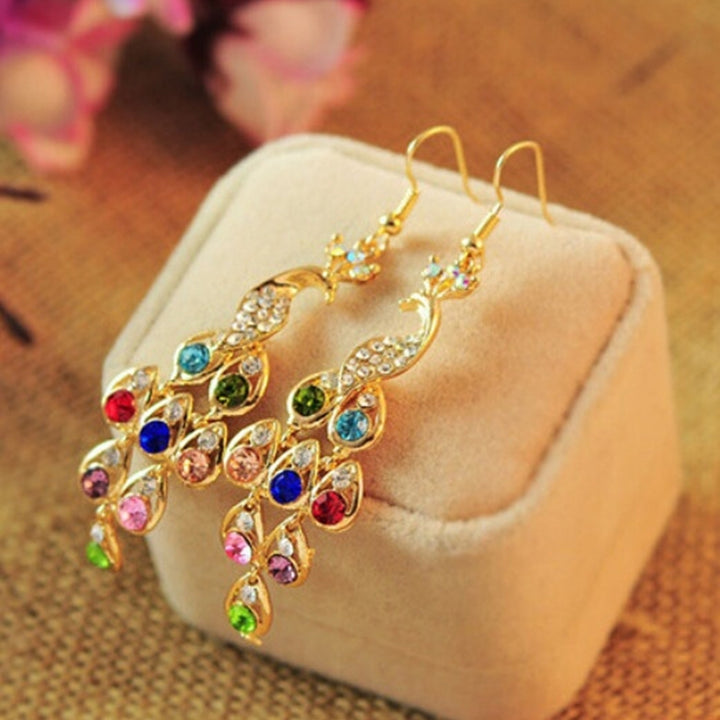 Women Bohemian Retro Peacock Eardrop Pendant Rhinestone Big Dangle Drop Earrings Image 4