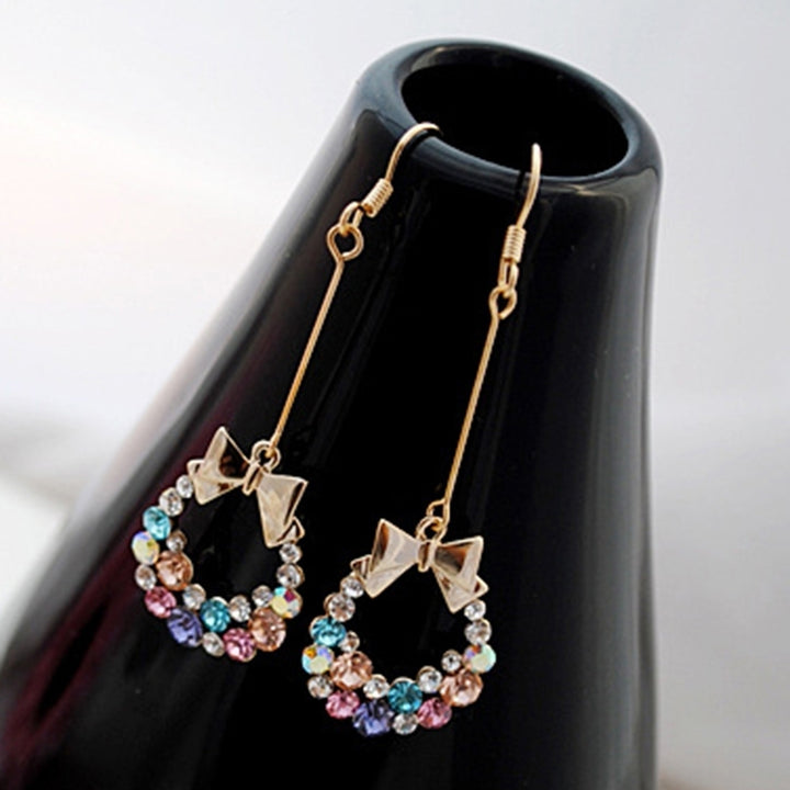 Multi-color Bowknot Jewelry Rhinestone Eardrop Long Drop Dangle Tassel Hook Earrings Image 4