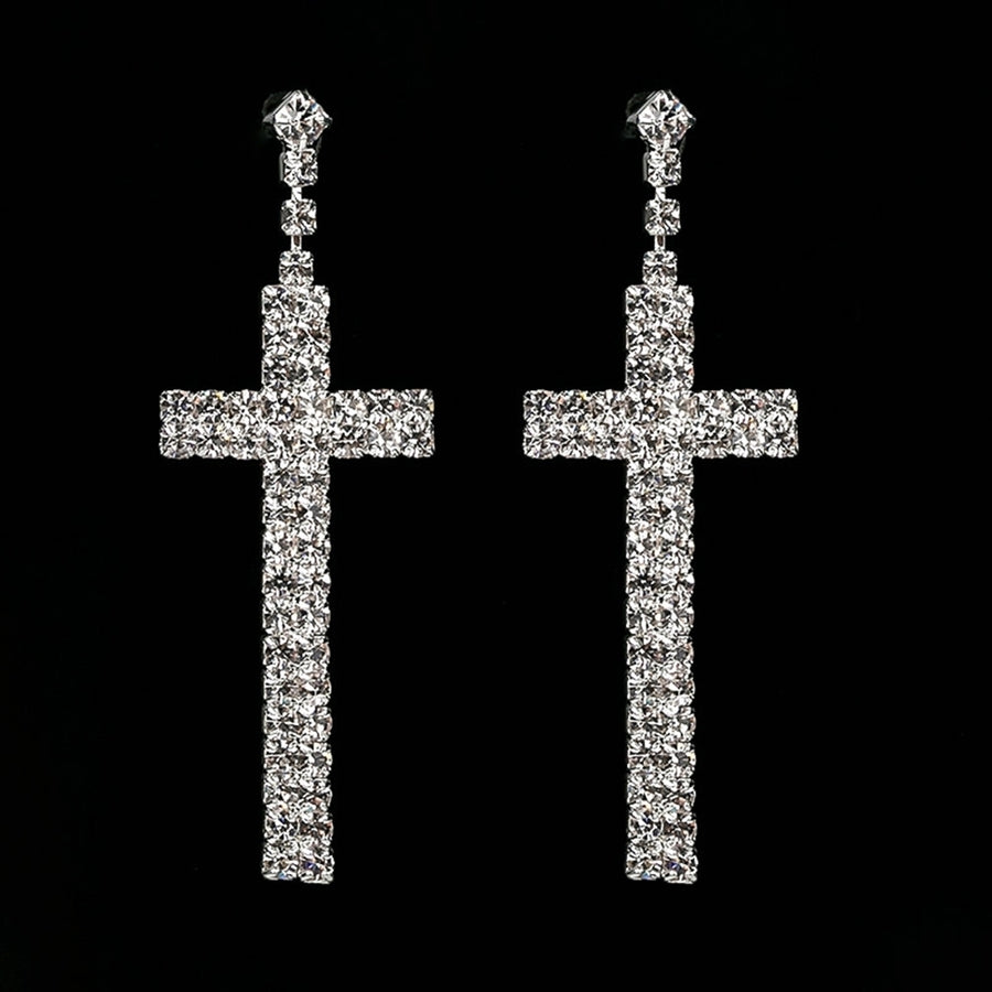 Womens Rhinestone Cross Pendant Single Double Rows Dangle Eardrop Stud Earrings Image 1