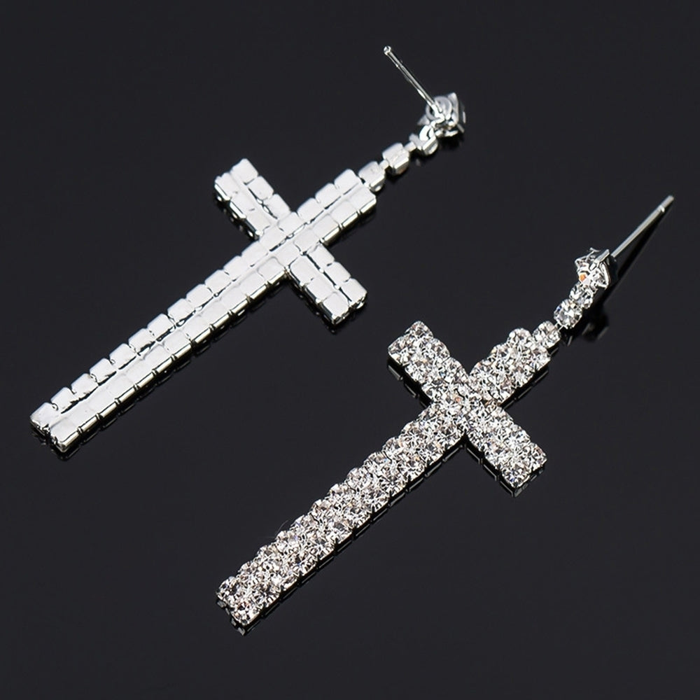 Womens Rhinestone Cross Pendant Single Double Rows Dangle Eardrop Stud Earrings Image 2