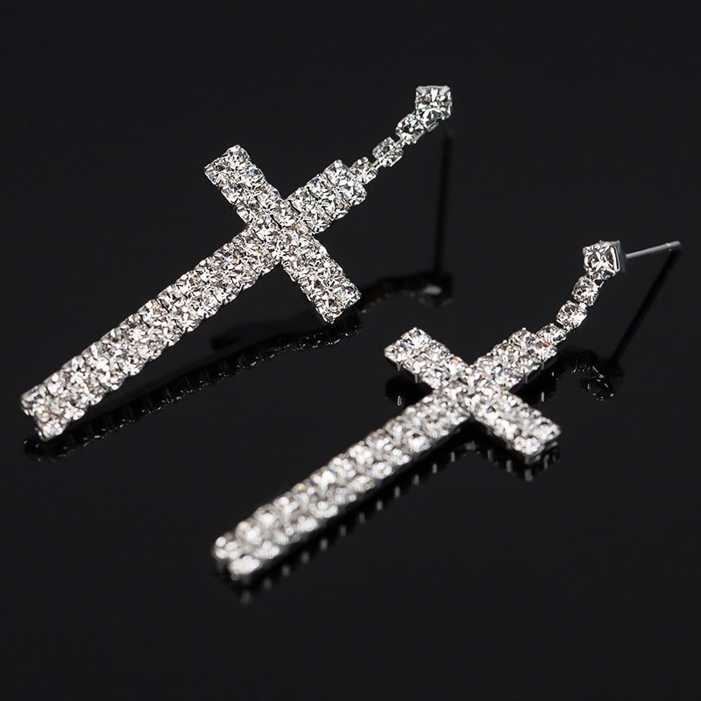 Womens Rhinestone Cross Pendant Single Double Rows Dangle Eardrop Stud Earrings Image 3