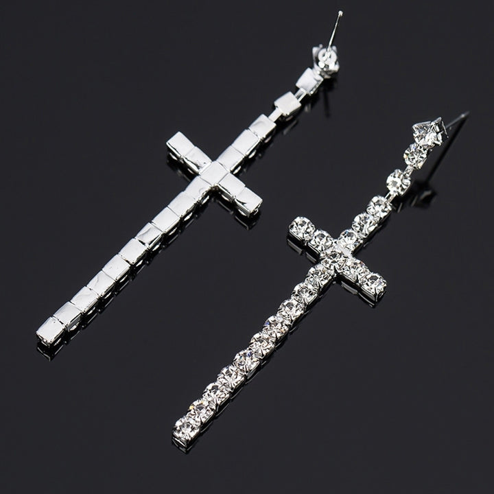 Womens Rhinestone Cross Pendant Single Double Rows Dangle Eardrop Stud Earrings Image 4